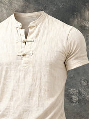 Men'S Cotton And Linen Ethnic Style Short-Sleeved T-Shirt With Chinese Knot Buttons
