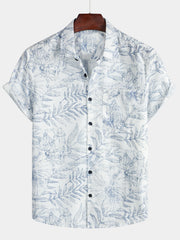 Men's Summer Retro Floral Print Pocket Floral Short Sleeve Button Up White Hawaiian Shirt
