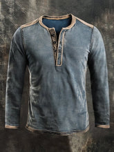 Men's Washed Color Block Casual Henry Long-Sleeve T-Shirt