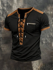 Men'S Retro Color Block Lace-Up Casual Short-Sleeve Top