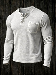Men's Retro Distressed Waffle Casual Henley Collar Long-Sleeve Top