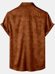 Men's Brown Jacquard Pocket Silky Satin Floral Short Sleeve Shirt