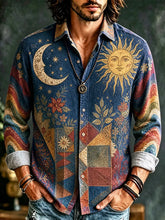 Men's Vintage Long Sleeve Button-down Shirt - Dark Blue Celestial Sun, Moon, Stars And Geometric Patchwork Floral Print Top