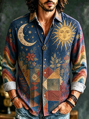Men's Vintage Long Sleeve Button-down Shirt - Dark Blue Celestial Sun, Moon, Stars And Geometric Patchwork Floral Print Top