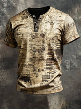 Men'S Vintage-Style Color-Block Short-Sleeved T-Shirt With Henley Collar
