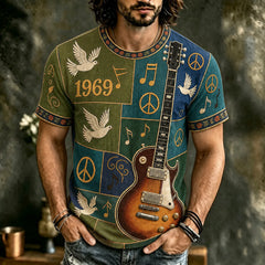 Men's Hippie Music Guitar Pattern Patchwork Print T-shirt