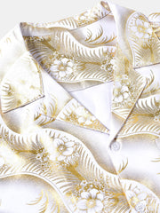 Men's Golden Floral Print Cuban Collar Short Sleeve Shirt