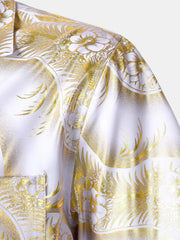 Men's Golden Floral Print Cuban Collar Short Sleeve Shirt