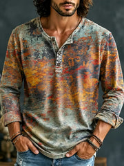 Men's Retro Ethnic Color Block Henley Neck T-shirt