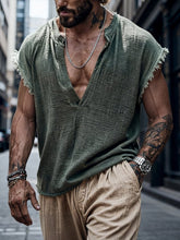 Men's Retro Cotton Linen Frayed Edge V-Neck Short-Sleeve T-Shirt