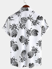 Men's Cotton Pineapple Print Summer Hawaiian Button Up Short Sleeve Shirt