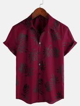 Men's Cotton Pineapple Print Red Summer Hawaiian Button Up Short Sleeve Shirt