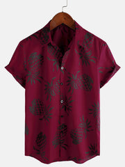Men's Cotton Pineapple Print Red Summer Hawaiian Button Up Short Sleeve Shirt