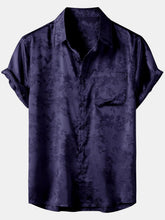 Men's Floral Jacquard Pocket Silky Satin Short Sleeve Shirt