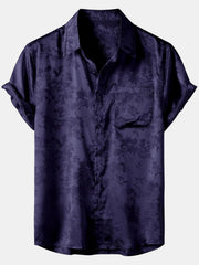 Men's Floral Jacquard Pocket Silky Satin Short Sleeve Shirt