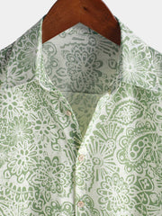 Men's Green Floral Short Sleeve Summer Button Up Shirt