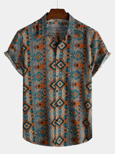 Men's Casual Vintage Short Sleeve 70s Retro Patchwork Button Up Lapel Shirt