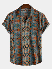 Men's Casual Vintage Short Sleeve 70s Retro Patchwork Button Up Lapel Shirt