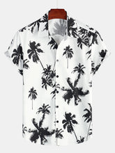 Men's Tropical Palm Tree Print Cotton White Hawaiian Short Sleeve Summer Beach Cruise Camp Shirt