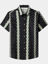 Men’s Vintage Hawaiian Botanical Stripe Cotton Breathable Summer Holiday Short Sleeve Shirt
