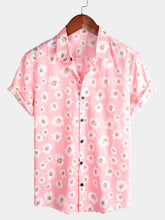 Men's Pink Floral Daisy Print Tropical Hawaiian Cotton Flower Shirt
