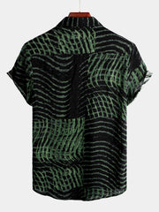 Men's Short Sleeve Striped Printed Retro Cotton Shirt