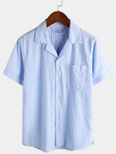 Men's Striped Cotton Blue Summer Button Up Cuban Collar Camp Short Sleeve Beach Shirt