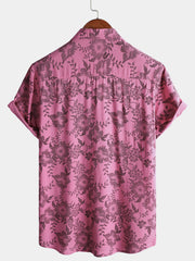 Men's Pink Floral Print Vintage Holiday Breathable Button Up Hawaiian Short Sleeve Shirt