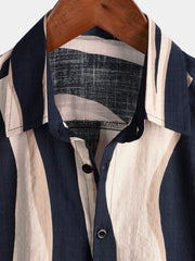 Men's Retro Casual Striped Summer Vacation Navy Blue Button Up Short Sleeve Shirt