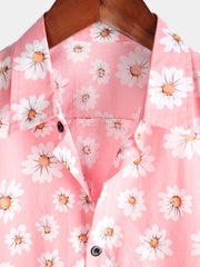 Men's Pink Floral Daisy Print Tropical Hawaiian Cotton Flower Shirt