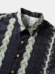 Men’s Vintage Hawaiian Botanical Stripe Cotton Breathable Summer Holiday Short Sleeve Shirt