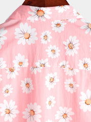 Men's Pink Floral Daisy Print Tropical Hawaiian Cotton Flower Shirt