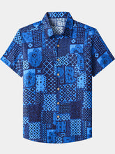 Men’s Retro Hawaiian Print Geometric Patchwork Cotton Breathable Resort Vacation Short Sleeve Shirt