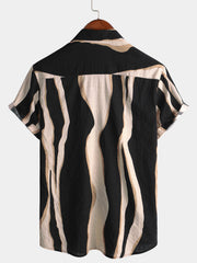 Men's Retro Casual Striped Summer Vacation Balck Button Up Short Sleeve Shirt