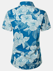 Women's Blue Floral Print Blouse Hawaiian Cotton Beach Summer Aloha Short Sleeve Shirt