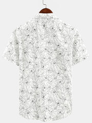 Men's Summer Casual Line Floral Print White Cotton Short Sleeve Shirt
