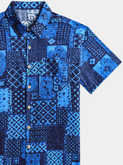 Men’s Retro Hawaiian Print Geometric Patchwork Cotton Breathable Resort Vacation Short Sleeve Shirt
