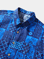 Men’s Retro Hawaiian Print Geometric Patchwork Cotton Breathable Resort Vacation Short Sleeve Shirt