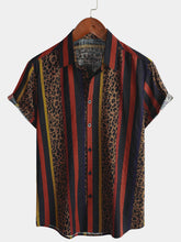 Men's Leopard Vintage Vertical Striped Cool Summer Vacation Short Sleeve Button Up Shirt