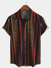 Men's Leopard Vintage Vertical Striped Cool Summer Vacation Short Sleeve Button Up Shirt