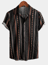 Men's Retro Black Striped Print Button Up 70s Vintage Short Sleeve Western Shirt