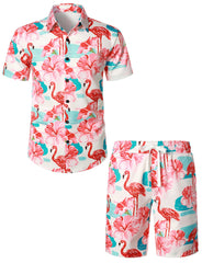 Men's Flamingo Print Hawaiian Shirt & Shorts Set