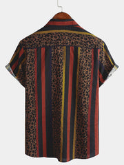 Men's Leopard Vintage Vertical Striped Cool Summer Vacation Short Sleeve Button Up Shirt