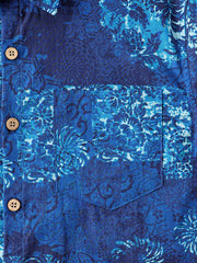 Men’s Summer Beach Blue Patchwork Pattern Cotton Casual Breathable Short Sleeve Shirt
