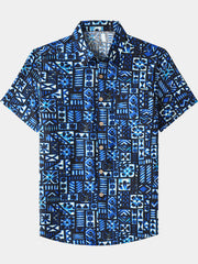 Men’s Summer Beach Blue Black Geometric Cotton Casual Breathable Short Sleeve Shirt