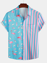 Men's Flamingo & Striped Print Pocket Short Sleeve Shirt