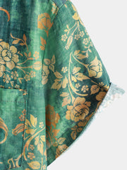 Men's Green Floral Print Pocket Short Sleeve Shirt