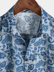 Men's Paisley Floral Blue Casual Short Sleeve Shirt
