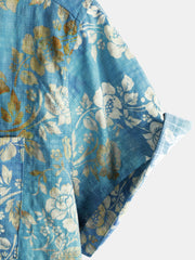 Men's Blue Floral Print Pocket Short Sleeve Shirt