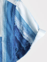 Men's Blue Striped Art Breathable Pocket Short Sleeve Shirt